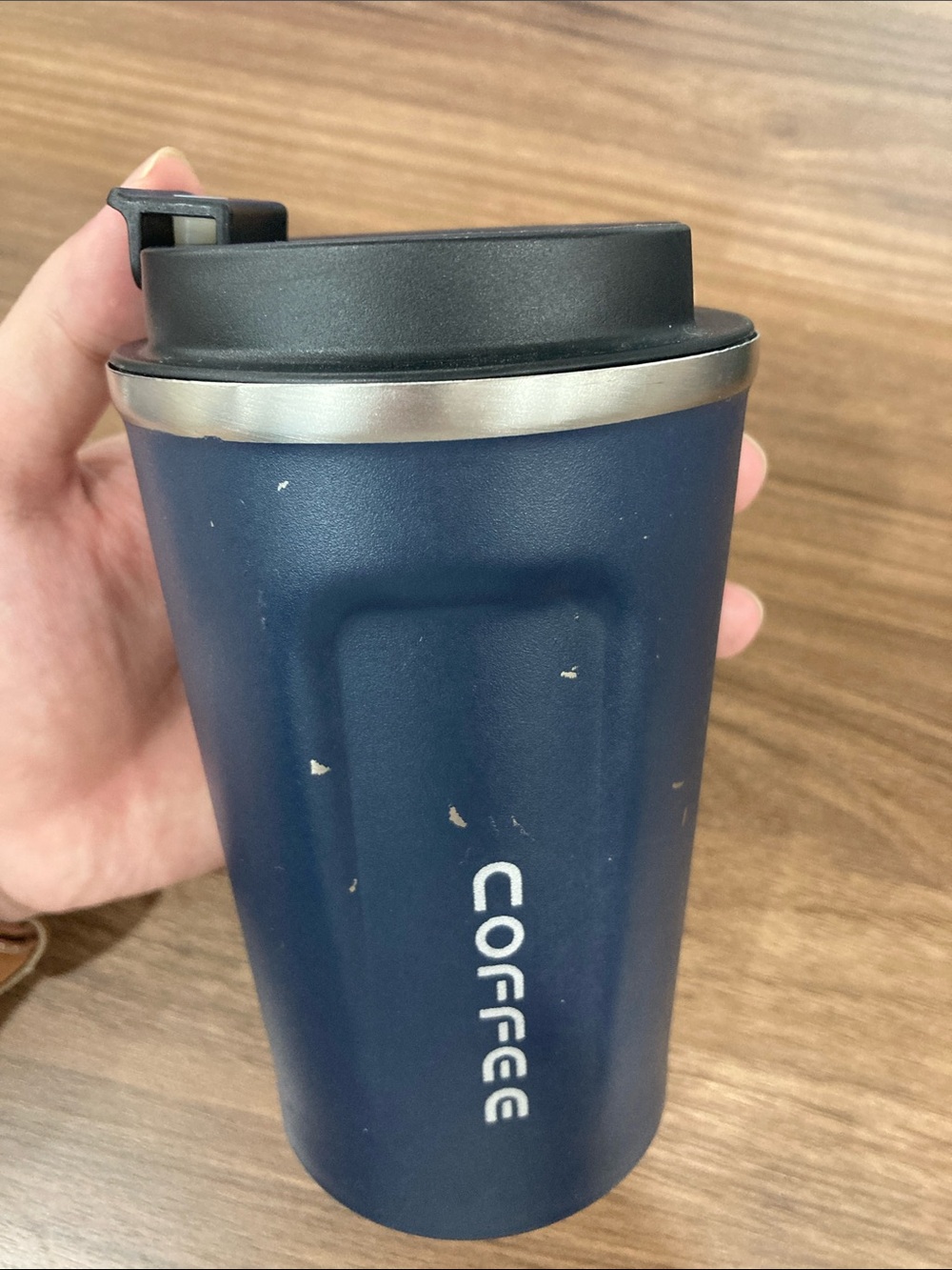 Insulated Navy Blue Travel Mug with Black Flip Lid